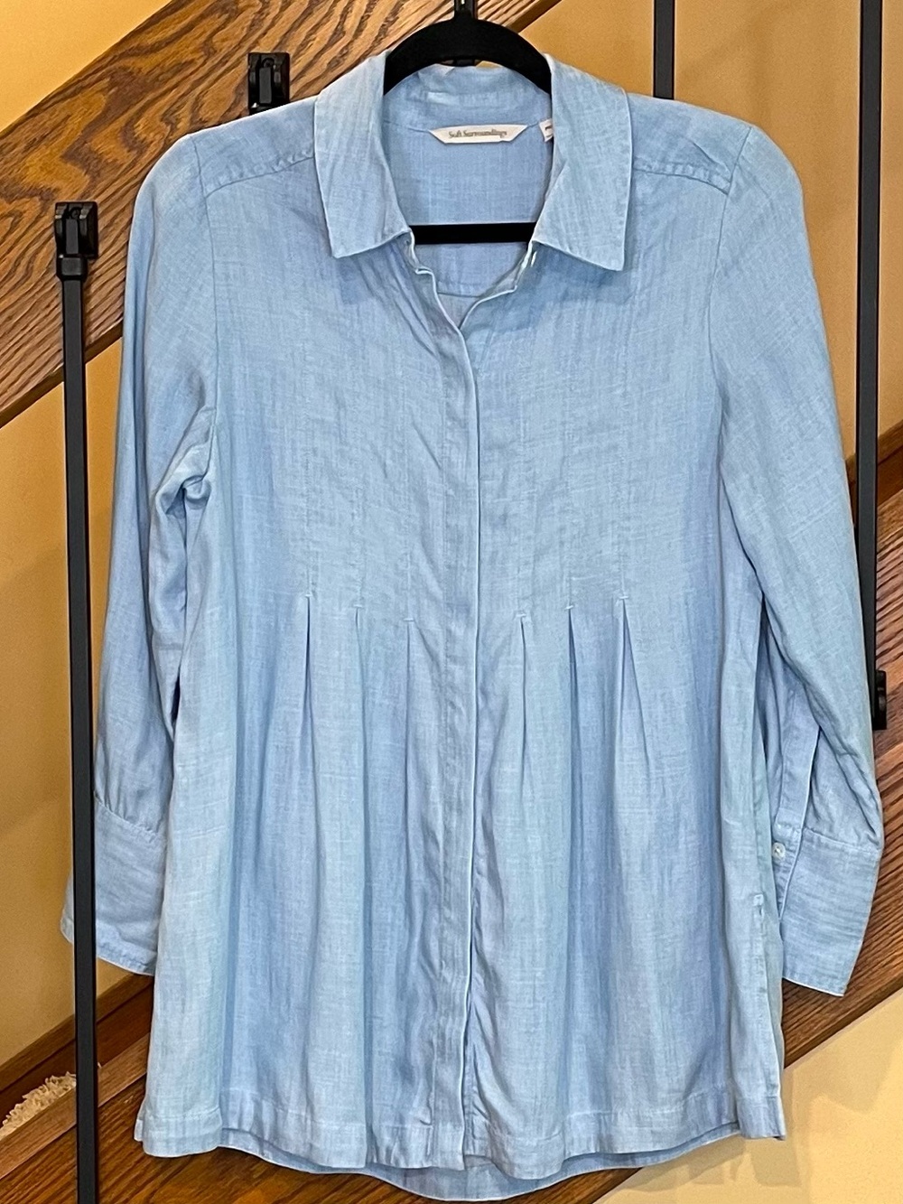 Soft Surroundings shirt Reveille Pin tuck Front relaxed fit Chambray SZ. PXS.